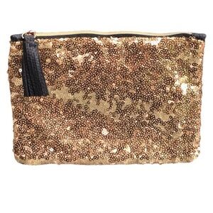 Gold & Black Sequin Textured Makeup Bag with Tassel Pull Ipsy Glam Bag *NEW